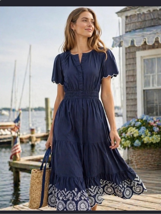 Cynthia Rowley Dresses & Skirts - Cynthia Rowley Scalloped-Trim Tiered Maxi Dress L Navy Blue Cottage Coastal Boho
